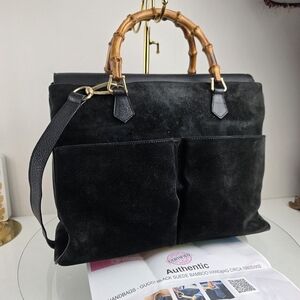 Gucci Black Suede Bamboo Handbag‎ Circa 1980s/90s